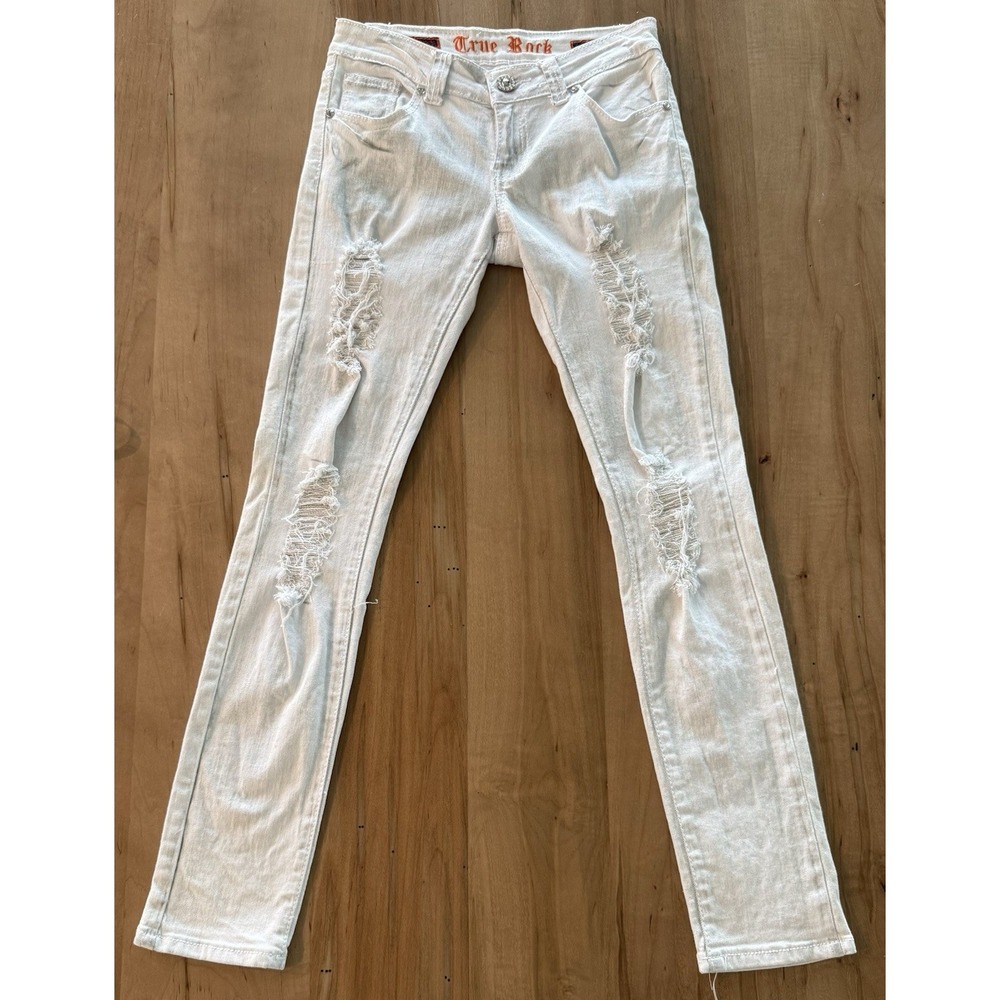 True Rock Juniors Skinny Jeans White Low Rise Distressed w/Rhinestones Size 5/6
